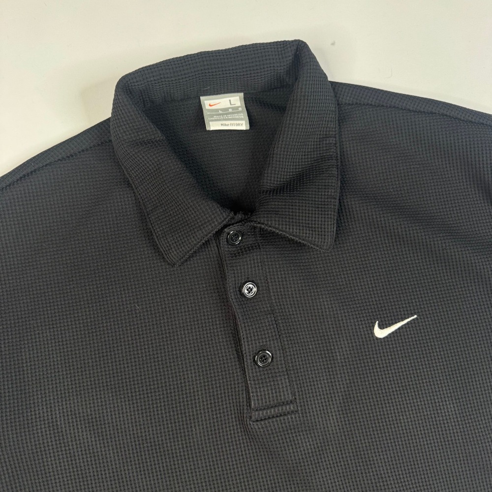 Vtg Nike‎ Waffle Knit Polo Shirt Mens Large Black Fit Dry Swoosh Short Sleeve